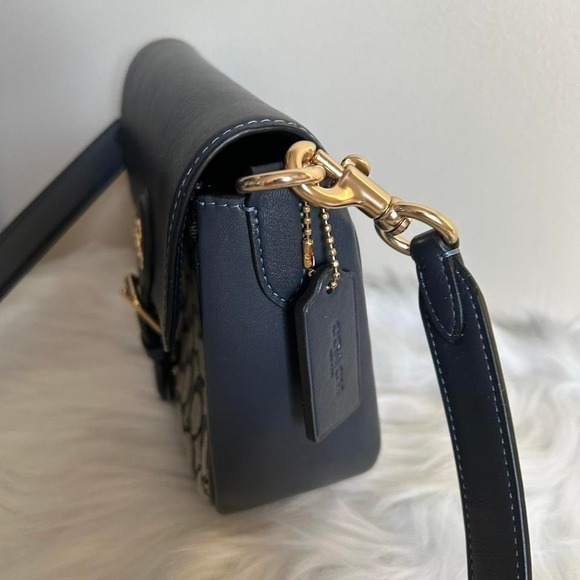 Coach Signature Jacquard Leather Saddle Bag Navy Blue Crossbody C4059 - Picture 3 of 8